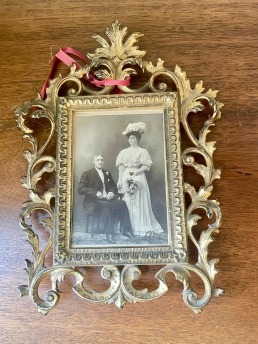 Antique Victorian Ornate Scrollwork Brass Frame w/ B&W Wedding Photo Wall Mount